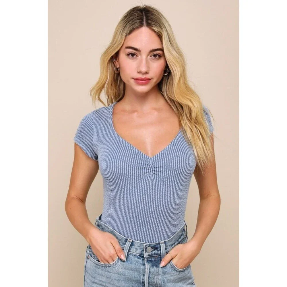 Lulus Required Style Dusty Blue Textured Ribbed Ruched Bodysuit - Size S - Picture 1 of 3